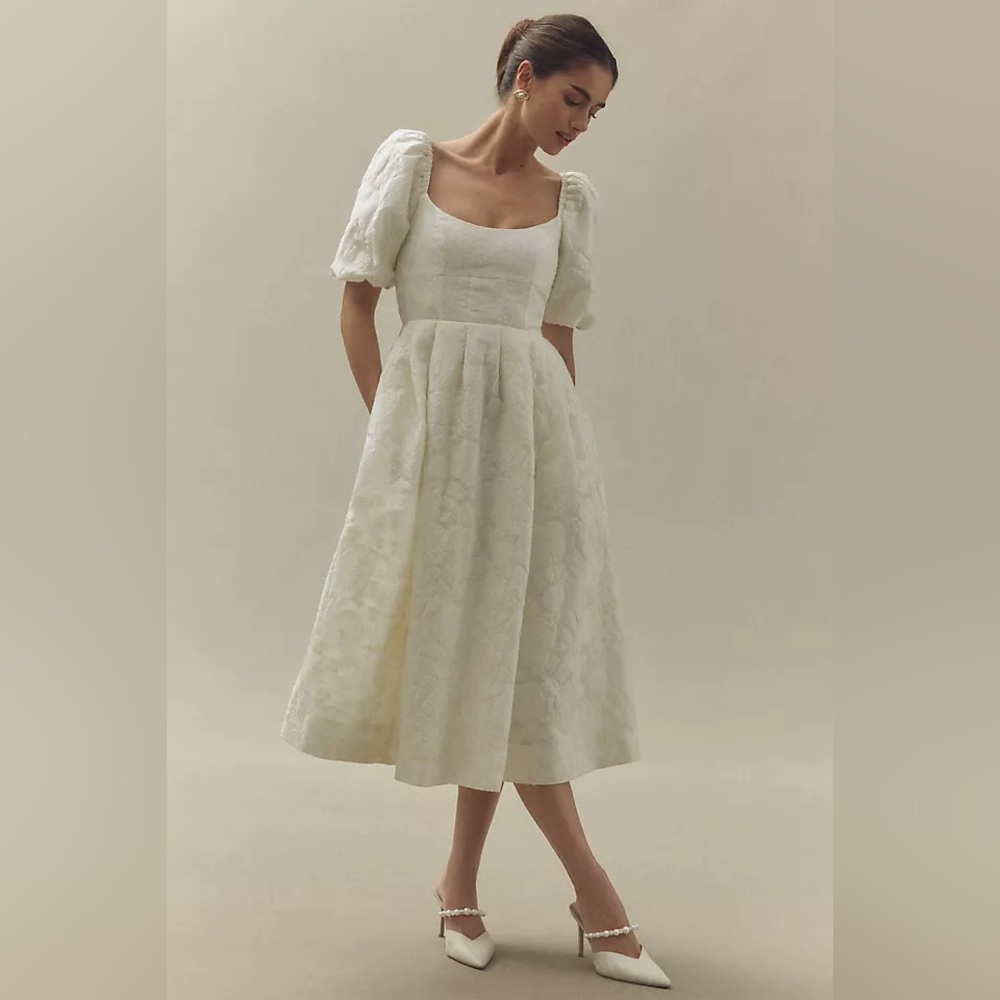 Maison Amory Maiden Puff Sleeve Jacquard Pleated Midi Dress in Cream Sz XS